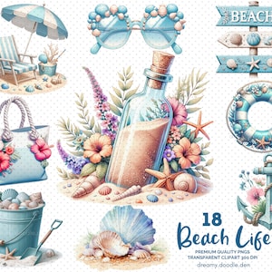 ビーチ クリップアート バンドル、貝殻 クリップアート、海岸 クリップアート、ハイビスカス クリップアート、夏 クリップアート、旅行 クリップアート、海 クリップアート、夏の水彩画