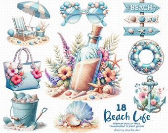 Beach Clipart Bundle, Seashells Clipart, Coastal Clipart, Hibiscus Clipart, Summer Clipart, Travel Clipart, Ocean Clipart, Summer Watercolor