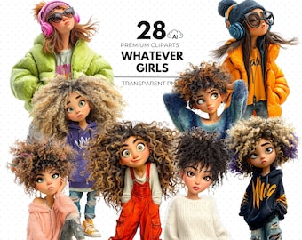 Whatever Girls Clipart Bundle, 28 Expressive Girl PNGs, Modern Girlie Clipart, Cool Tween Girl Digital Stickers, Planner & Branding Graphics