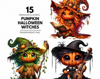 Pumpkin Head Witch Clipart Bundle, Halloween PNG Graphics (Digital Download)