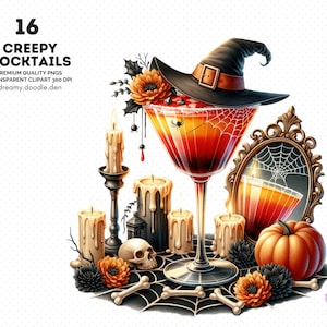 Pacchetto clipart di cocktail inquietanti, grafica di cocktail di Halloween, illustrazioni di bevande macabre, decorazioni per feste spettrali, clipart per feste di Halloween