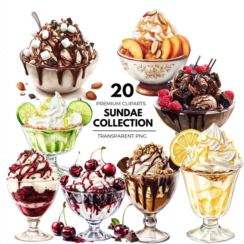 Sundae Collection Ice Cream Sundae Clipart Bundle, Watercolor Dessert PNG, Summer Food ...