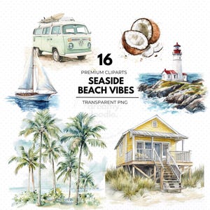 Seaside Beach Vibes Clipart Bundle, Watercolor Beach Elements, Summer Beach Clipart, Palm Tree Clipart,  Watercolor Beach Clipart, Beach PNG