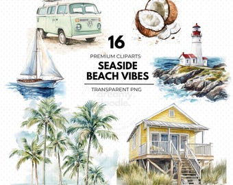 Seaside Beach Vibes Clipart Bundle, Watercolor Beach Elements, Summer Beach Clipart, Palm Tree Clipart,  Watercolor Beach Clipart, Beach PNG