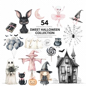 Sweet Halloween Watercolor Clipart, Pastel Pink Spooky Elements, Cute Halloween Clipart, Pumpkin Clipart, Kids Halloween Invitations,