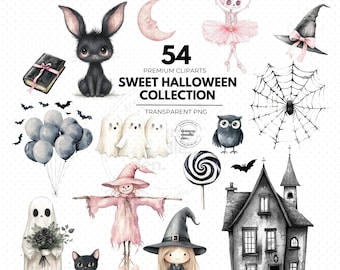 Sweet Halloween Watercolor Clipart, Pastel Pink Spooky Elements, Cute Halloween Clipart, Pumpkin Clipart, Kids Halloween Invitations,