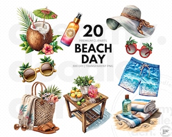 Beach Day Clipart Bundle, Summer Vacation PNGs, Watercolor Beach Clipart, Summertime Digital Stickers for Planners, Summer Printables