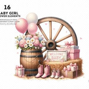 Joli bébé fille des cliparts, ferme rustique bébé fille Clipart Bundle, charmants cliparts animaux de la ferme, des cliparts déco chambre d'enfant, cadeaux de baby shower