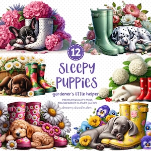 Clipart chiots mignons, chiots et bottes de jardin clipart, clipart bottes de jardin mignon, clipart chiots endormis, clipart chiots confortables,