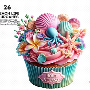 Paquete de imágenes prediseñadas de cupcakes de fiesta en la playa, paquete de imágenes prediseñadas de cupcakes de vida playera, paquete de imágenes prediseñadas de cupcakes de verano, imágenes prediseñadas de cupcakes de verano, imágenes prediseñadas de playa