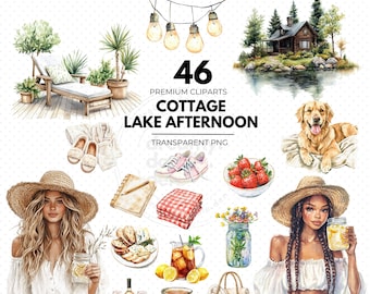 Clipart de acuarela de una tarde en el lago, picnic acogedor, flores silvestres, imágenes PNG de un lago de verano, clipart de un lago acogedor, estilo cottagecore, pegatinas digitales