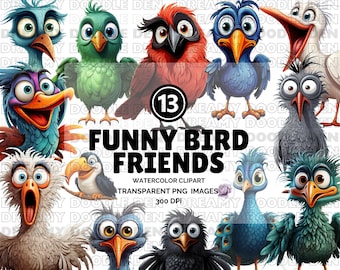 Funny Bird Clipart, Whimsical Bird Illustrations, Humorous Bird Clipart, Comical Bird Clipart, Quirky Feathered Friends, Funny Bird PNG