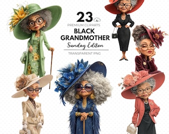 Black Grandmother Clipart, Elegant Church Ladies PNG, Sunday Hats, Black Grandmothers (Digital Download), Church Hat Clipart, Sunday Attire