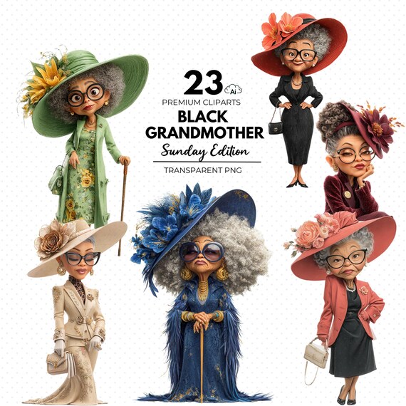 Black Grandmother Clipart, Elegant Church Ladies PNG, Sunday Hats, Black Grandmothers (Digital Download), Church Hat Clipart, Sunday Attire