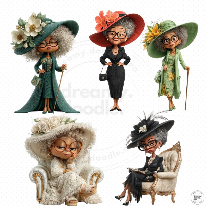 May include: Five illustrations of stylish elderly women wearing hats and glasses. Each figure is dressed in a different outfit, including dresses and coats, and holding accessories like purses and canes. The hats are adorned with flowers and feathers.