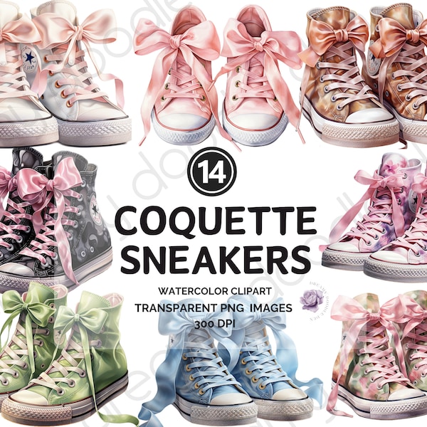 Coquette Sneakers Clipart, Converse Clipart, Instant Download, Ribbons Clipart, Girly Clipart, Sneakers PNG, Cute Shoes Clipart, Digital Art