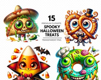 Halloween Essen Clipart Bundle, gruselige süße Essen PNG, Kawaii Halloween Grafiken, digitaler Download, kommerzielle Nutzung