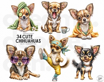 May include: Digital illustration featuring six adorable Chihuahua dogs in various poses. One dog wears sunglasses, another is wrapped in a towel, and one is doing a karate kick. The image includes the text "34 Cute Chihuahuas."