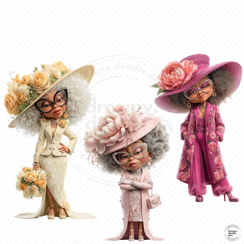 May include: Three cartoon figures of women in stylish outfits and large hats. The figures are wearing glasses and jewelry. One figure is in a cream-colored suit with a floral hat and bouquet. Another is in a pink coat and hat. The third is in a pink dress and coat.