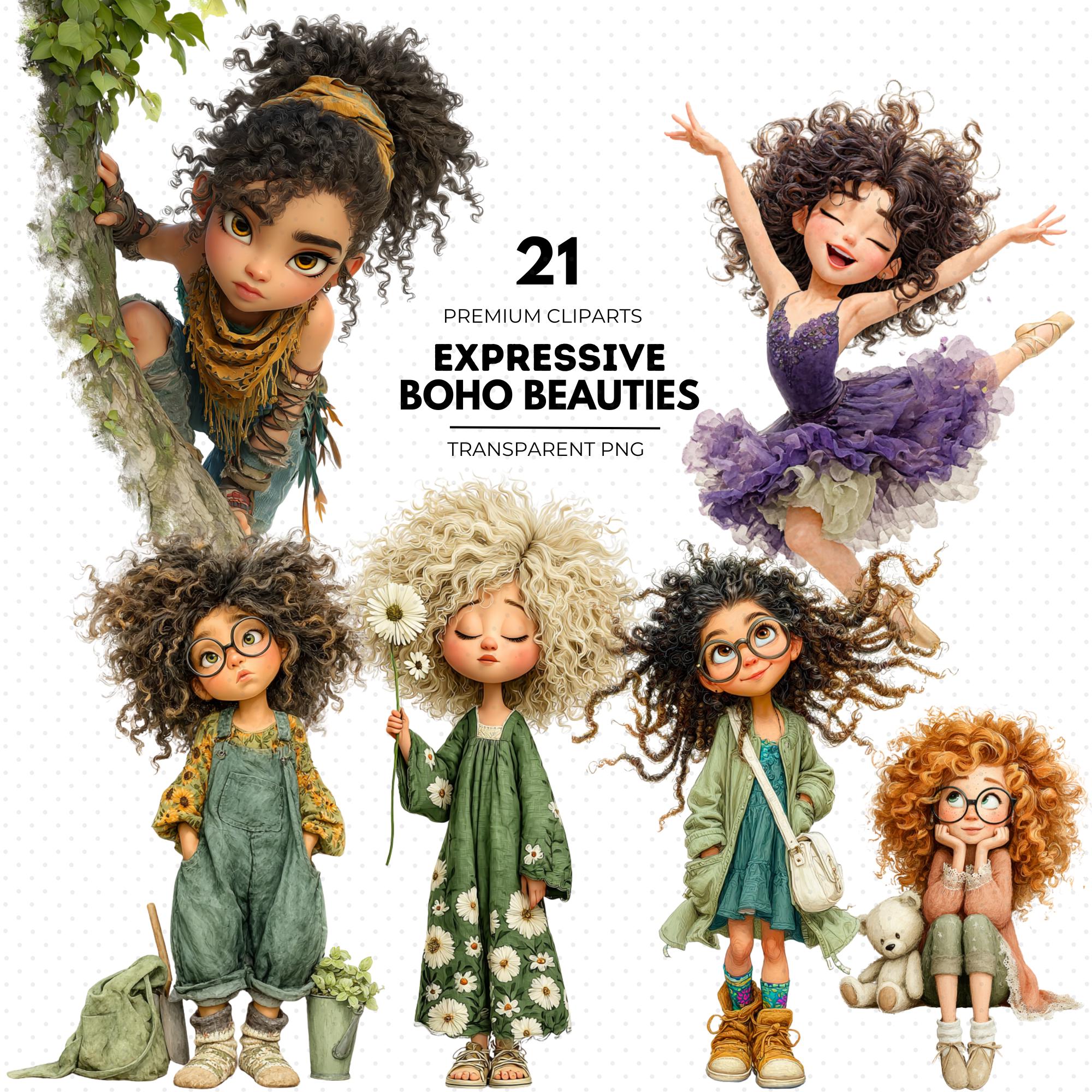 Boho Girl Clipart Bundle, Cottagecore Art PNG, Whimsical Child Illu…