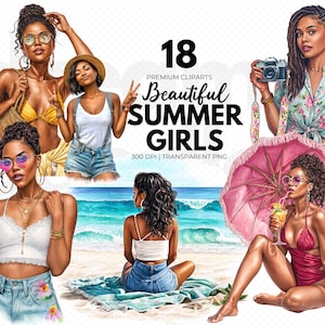 夏の女の子のクリップアートバンドル、水彩画のビーチガール、ビーチガールのクリップアート、夏休みのクリップアート、ボヘミアン風シックな女性のクリップアート、ビーチ昇華