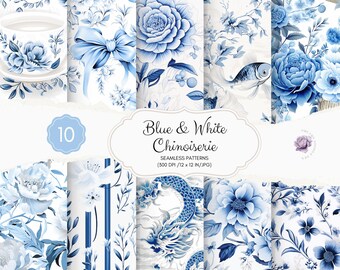 May include: A set of 10 digital seamless patterns featuring blue and white chinoiserie designs. The patterns include floral motifs, fish, dragons, and geometric patterns. The patterns are 12 inches by 12 inches and 300 DPI.