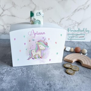 Personalised Unicorn with Butterflies & Hearts Money Box, Girls Gift, Unicorn Gift, Christening Gift, Birthday Gift, Piggy Bank, Saving Box