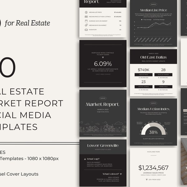 20 statistiques du marché de l'immobilier sur Instagram, rapport modifiable sur le marché Canva, mise à jour du marché des agents immobiliers pour les réseaux sociaux, modèle immobilier modifiable