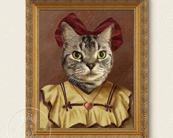 May include: A painting of a cat wearing a red bow and a yellow dress with a heart-shaped pendant necklace. The cat is framed in a gold frame.