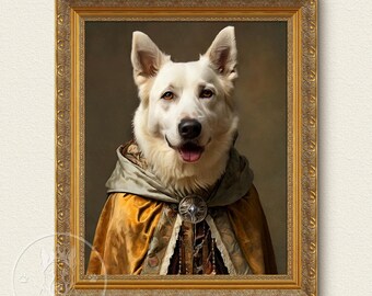 May include: A white German Shepherd dog wearing a gold and green robe with a jeweled brooch. The dog is looking directly at the viewer with a happy expression. The painting is framed in a gold frame.