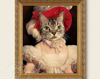 May include: A gray tabby cat wearing a red and white hat and a white lace dress. The cat is looking directly at the viewer. The background is a dark brown.