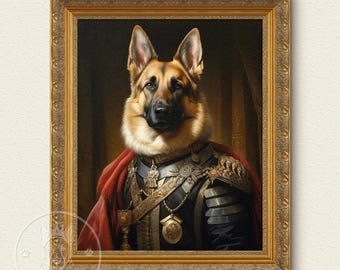 May include: A German Shepherd dog wearing a red and gold military uniform with a gold chain and medal. The dog is depicted in a painting with a dark background.