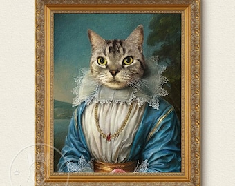 May include: A portrait of a cat dressed in a blue and white gown with a lace collar and a gold necklace with a red gemstone pendant. The cat has a serious expression and is looking directly at the viewer. The portrait is framed in a gold frame.