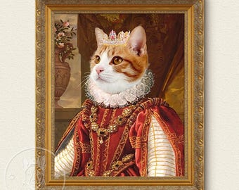 May include: A portrait of a cat dressed as royalty, wearing a red and gold robe, a crown, and a jeweled necklace. The cat has orange and white fur and is sitting in a regal pose.