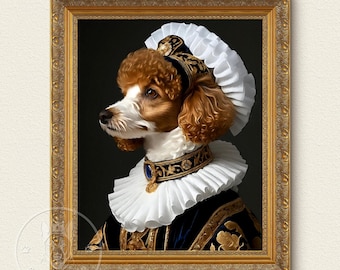 May include: A white and brown poodle wearing a white and gold crown and a white ruff collar. The dog is wearing a blue and gold robe with gold embroidery. The dog is posed against a dark background and is framed in a gold frame.