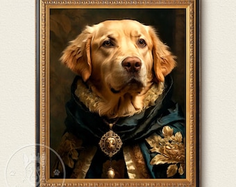 May include: A golden retriever dog wearing a blue and gold robe with a gold chain and pendant. The dog is framed in a gold and black frame.