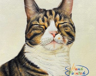 May include: A hand-painted portrait of a tabby cat with closed eyes. The cat has white fur on its chest and a brown and black striped pattern on its fur. The background is a light beige color.