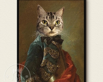 May include: A gray tabby cat wearing a blue and gold patterned jacket with a red sash. The cat is depicted in a portrait style with a serious expression.