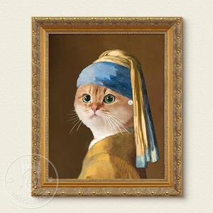 Custom Pet Portrait, Beaded Cat Portrait, Dog With Pearl Earring-Girl With a Pearl Earring, Special Painting Gifts, Dile Digitale Arte