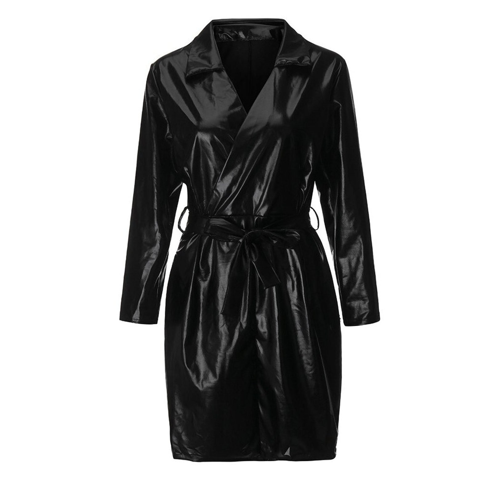 Damen Kleid PU Leder Langarm - Elegantes Etuikleid In Lack Optik