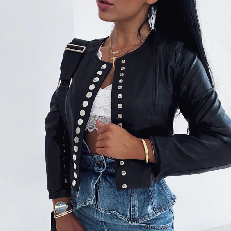 Gift for Her High Quality Jacket Coat Women Faux Leather Jacket Coat Spring Autumn Leather Coat Belted Utility Biker Jacket