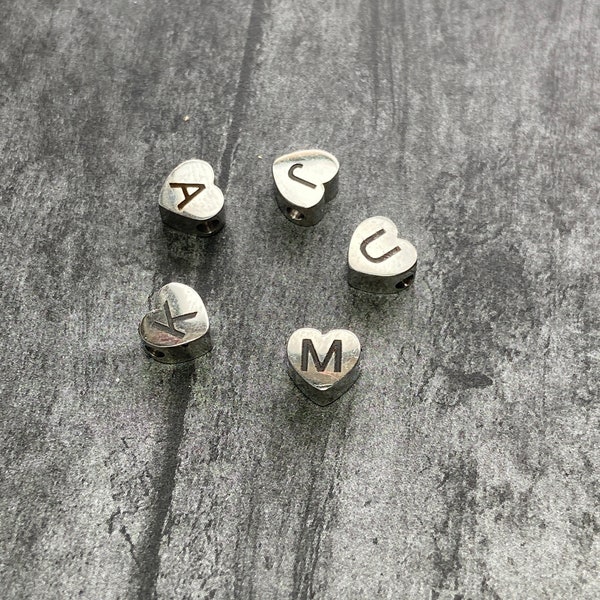 Silver Heart initials, A-Z beads, Initials Pendant, Stainless Steel Letter Charms, Alphabet, Name  Jewelry Making, DIY Necklace Letter Beads