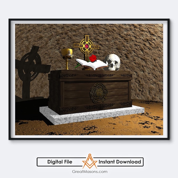 Altar Masonic Skull and Bones Bible Cross Rose Freemasons 3D Art - Great Masons - Digital Download Printable In Three Sizes