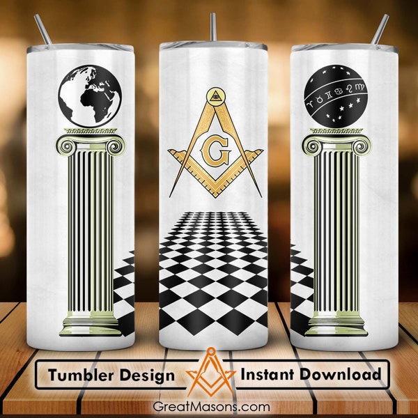 Masonic Columns Pillar Chess Board Floor 20oz 30oz Skinny Tumbler Wrap Png, Sublimation Design Straight & Tapered Tumbler File Download