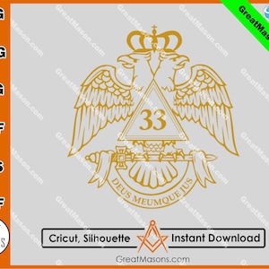 May include: A gold Masonic symbol with two eagles, a triangle, and the number 33. The text "Deus Meumque Jus" is written below the symbol.