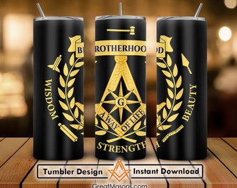 Masonic Brotherhood Wisdom Strength Beauty 20oz 30oz Skinny Tumbler Wrap Png, Sublimation Design Straight & Tapered Tumbler File Download