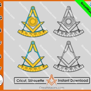 May include: A black and white illustration of a Masonic symbol, a compass and square, with a protractor. The protractor is marked with numbers from 5 to 90 in increments of 5. The text "Cricut, Silhouette" and "Instant Download" is below the image.