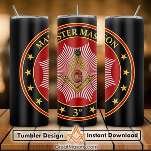 May include: A black and red tumbler with a gold trim and a Masonic symbol. The symbol is a compass and square with a 'G' in the center. The text 'Master Mason 3°' is printed on the tumbler.