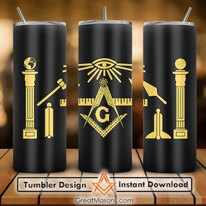 May include: Three black stainless steel tumblers with gold Masonic symbols. The symbols include a compass and square, an all-seeing eye, and a column with a globe on top. The tumblers are for sale as a digital download.