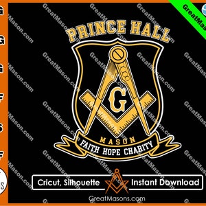 Prince Hall  Mason Faith Hope Charity Square & Compass Shield Symbols *SVG, Png, Eps, Dxf, Jpg, Pdf, Cricut Silhouette* Instant Download